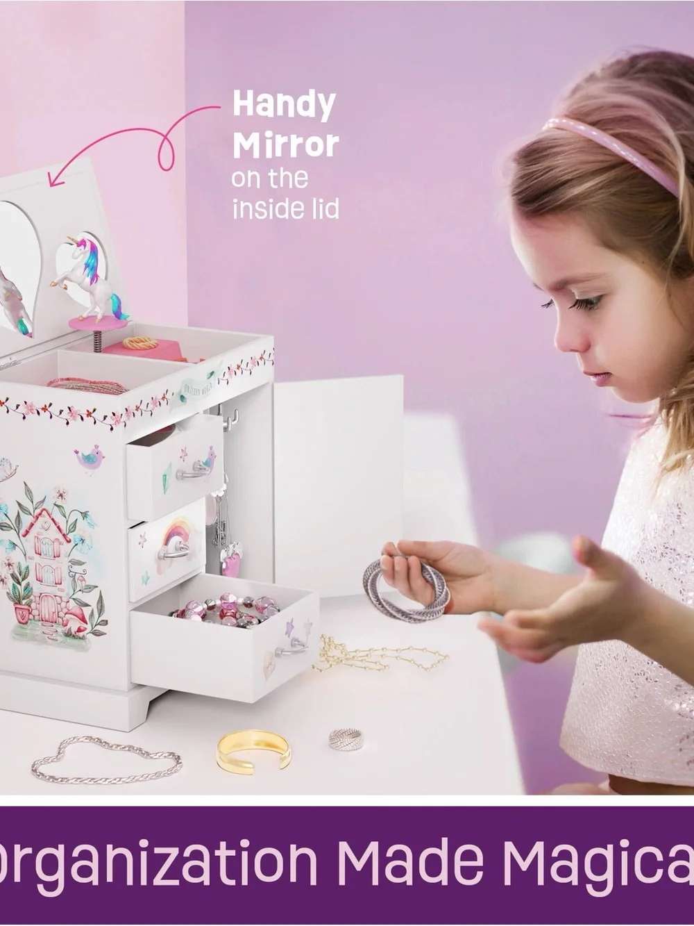 NIB Unicorn Musical Jewelry Box Kids 3 Drawer Chest Spinning Unicorn & Mirrors